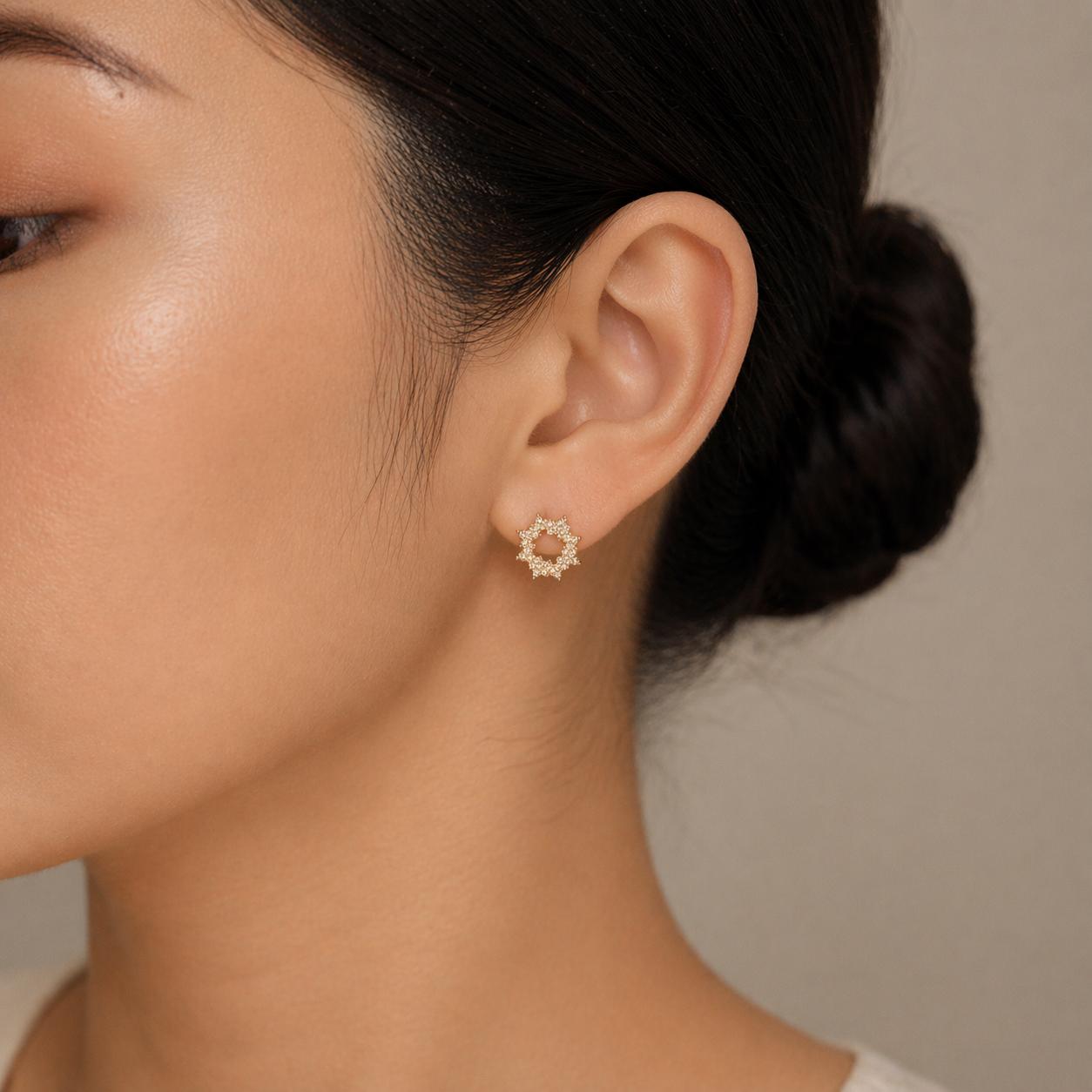 Rose Gold Floral Diamond Stud Earrings With 925 Sterling Silver - Image 3