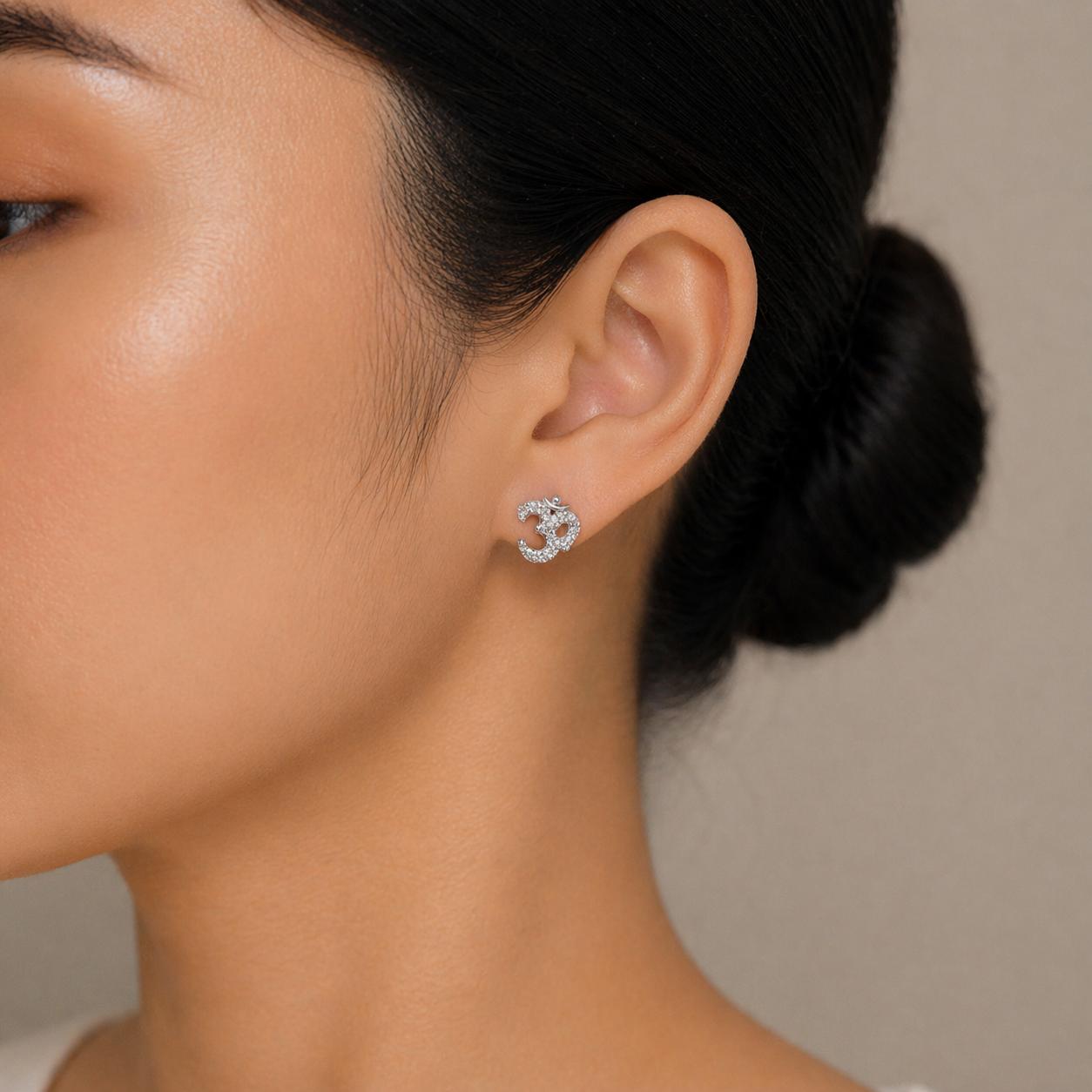 925 Sterling Silver Om Diamond Stud Earrings For Women - Image 4