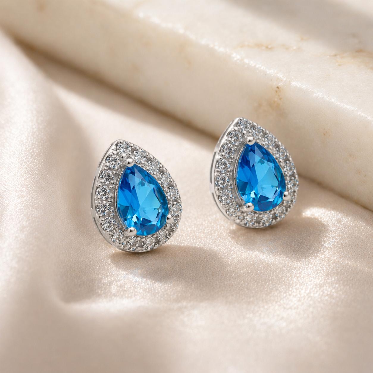 925 Sterling Silver Azure Teardrop Halo Earrings