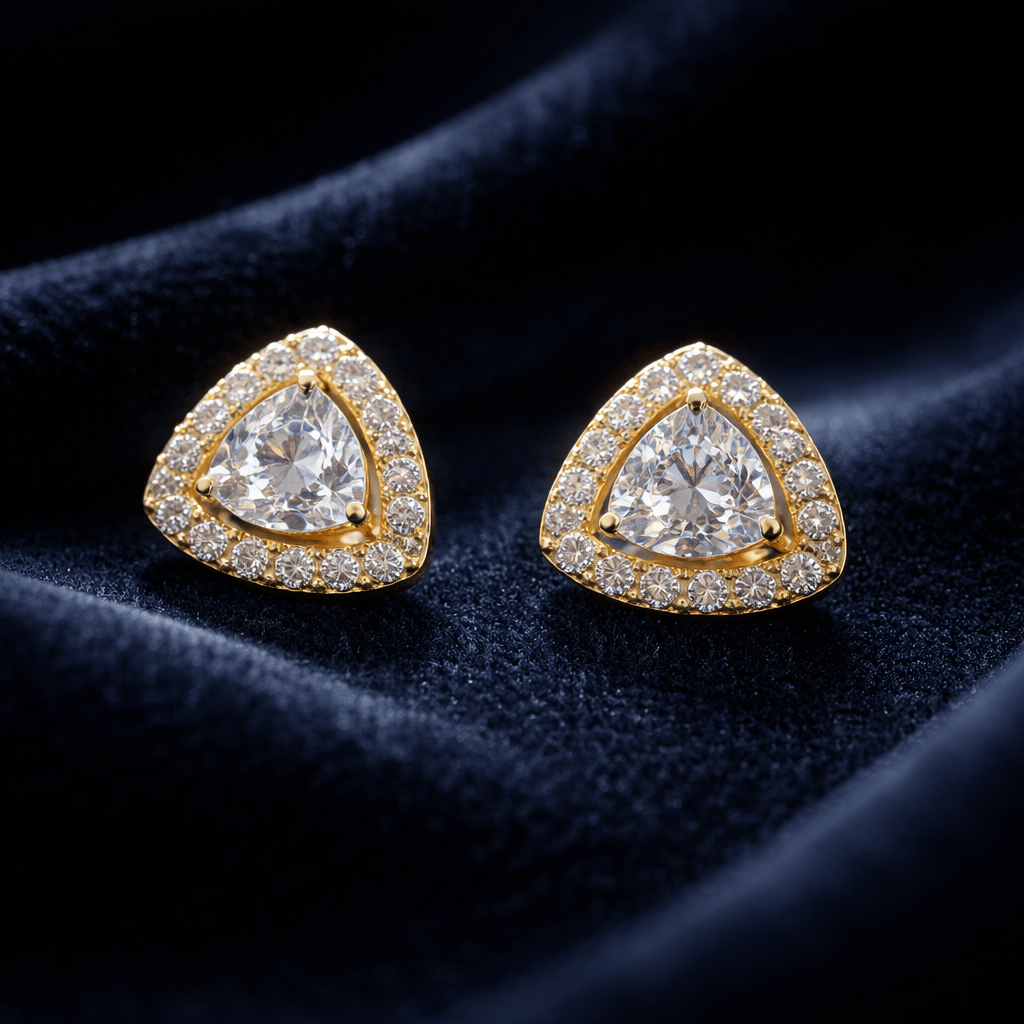 925 Sterling Silver With 22k Gold Plated Triangle Halo Cubic Zirconia Stud Earrings
