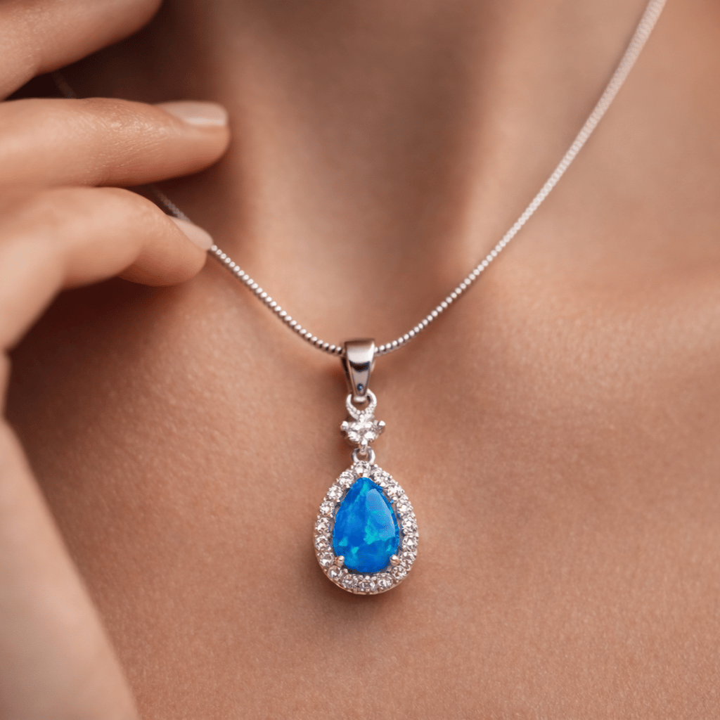 925 Sterling Silver Azure Teardrop Halo Pendant With Chain - Image 4