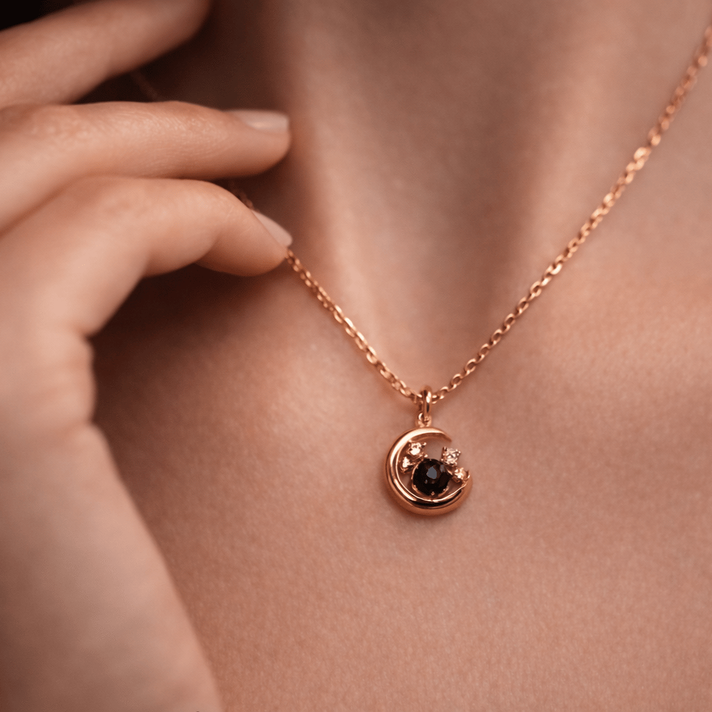 Crescent Moon Blue Stone Pendant With Chain In 925 Sterling Silver With Rose Gold Plating