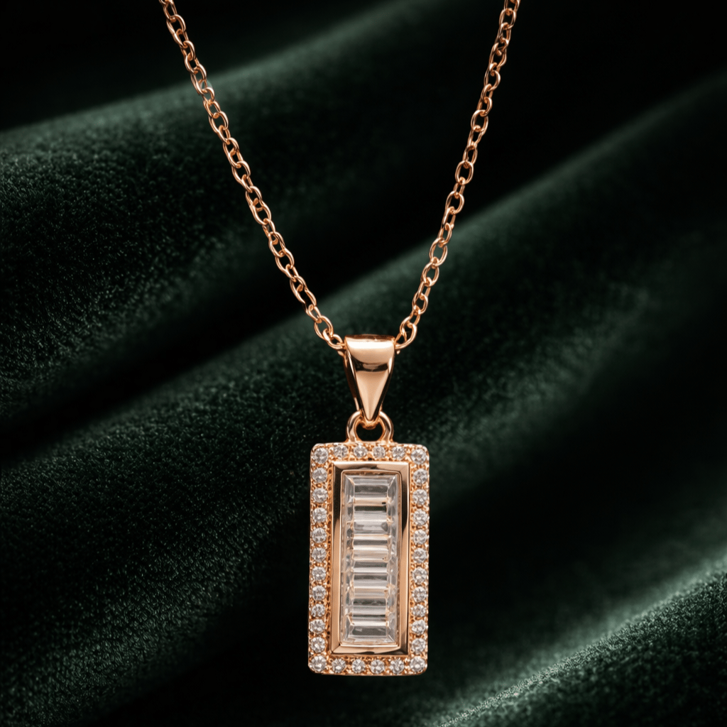 Rose Gold Baguette Zircon Stud Pendent  With Chain With 925 Sterling Silver - Image 3