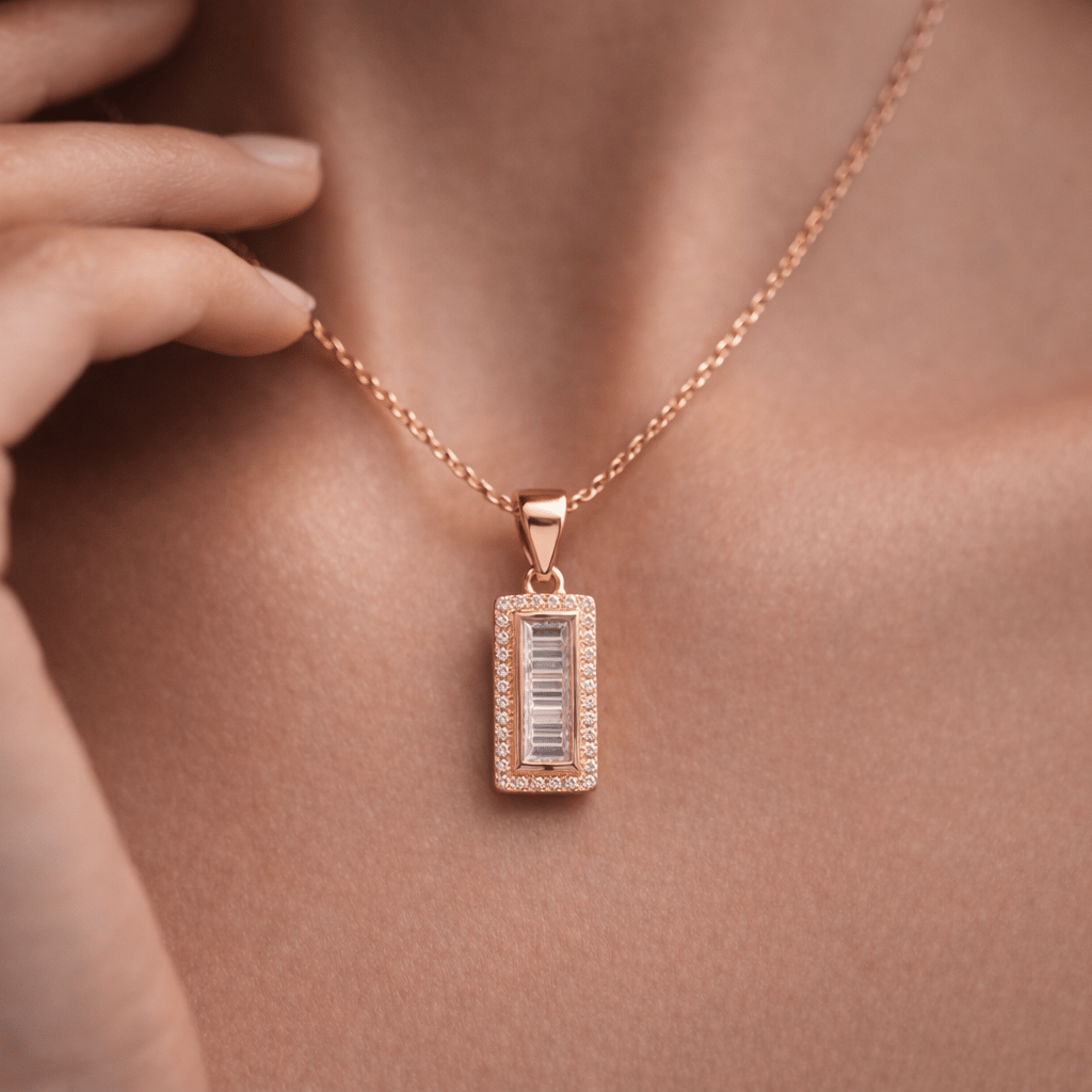 Rose Gold Baguette Zircon Stud Pendent  With Chain With 925 Sterling Silver - Image 5