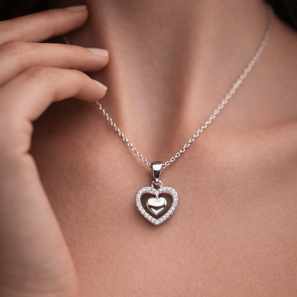 925 Sterling Silver Heart-In-Heart Zircon Pendent With Chain - Image 3