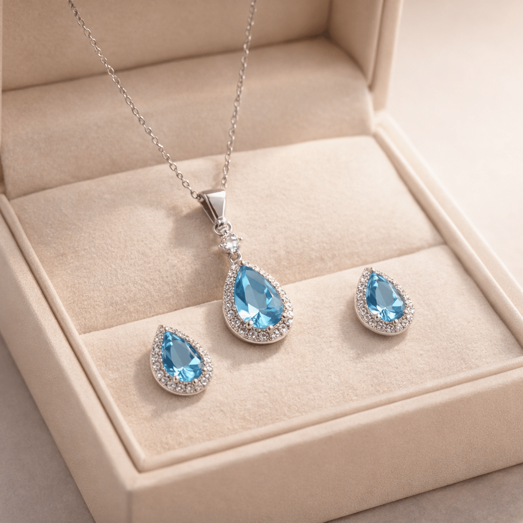 925 Sterling Silver Azure Teardrop Halo Jewellery Set - Image 4