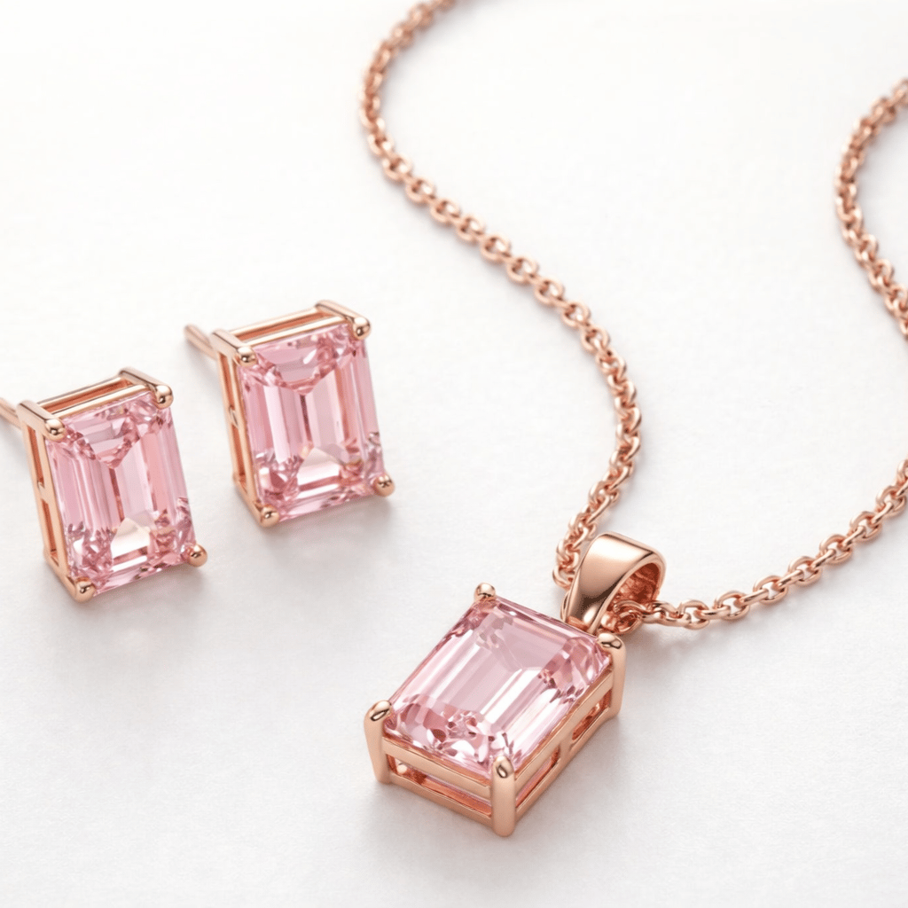 925 Sterling Silver With Rose Gold Plated Pink Stone Pendant & Earrings Jewellery Set For Women - Image 3