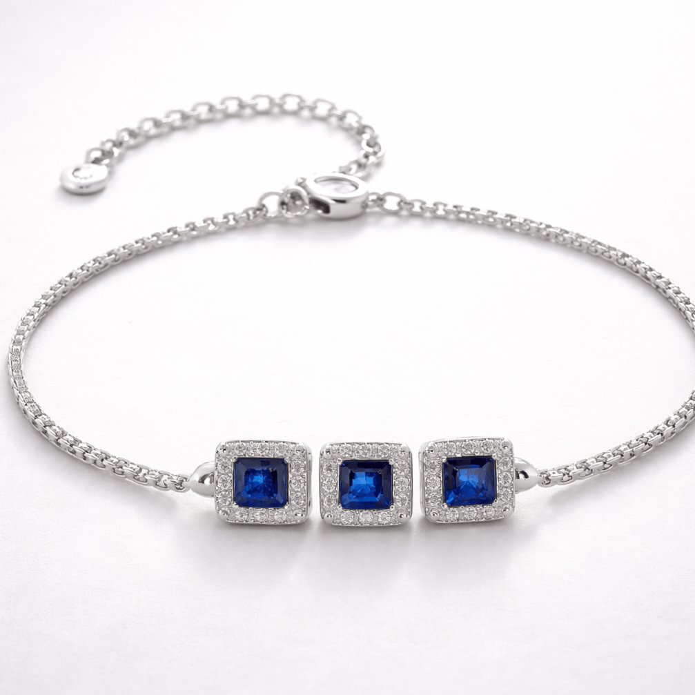 925 Sterling Silver Blue Cushion Cut Square Halo Studs Bracelet