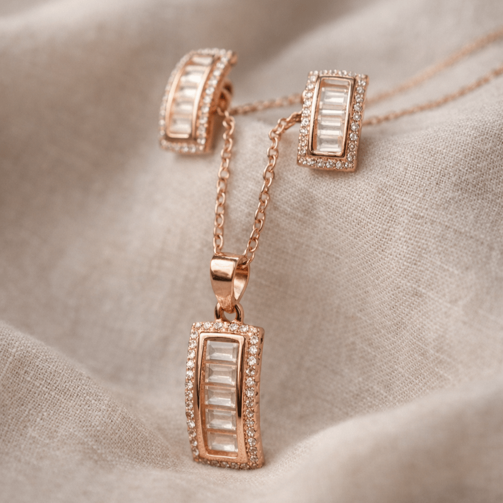 Rose Gold Baguette Zircon Stud Jwellery Set With 925 Sterling Silver - Image 3