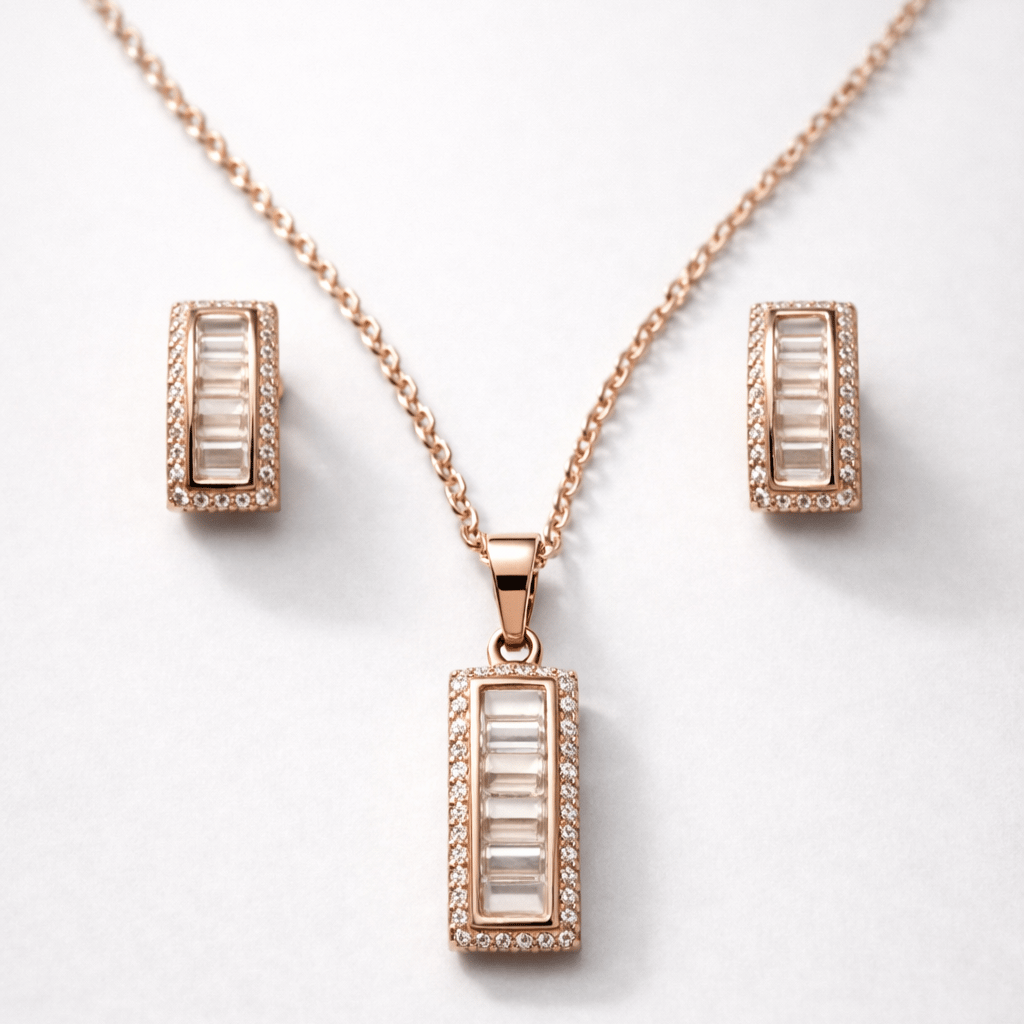 Rose Gold Baguette Zircon Stud Jwellery Set With 925 Sterling Silver - Image 4