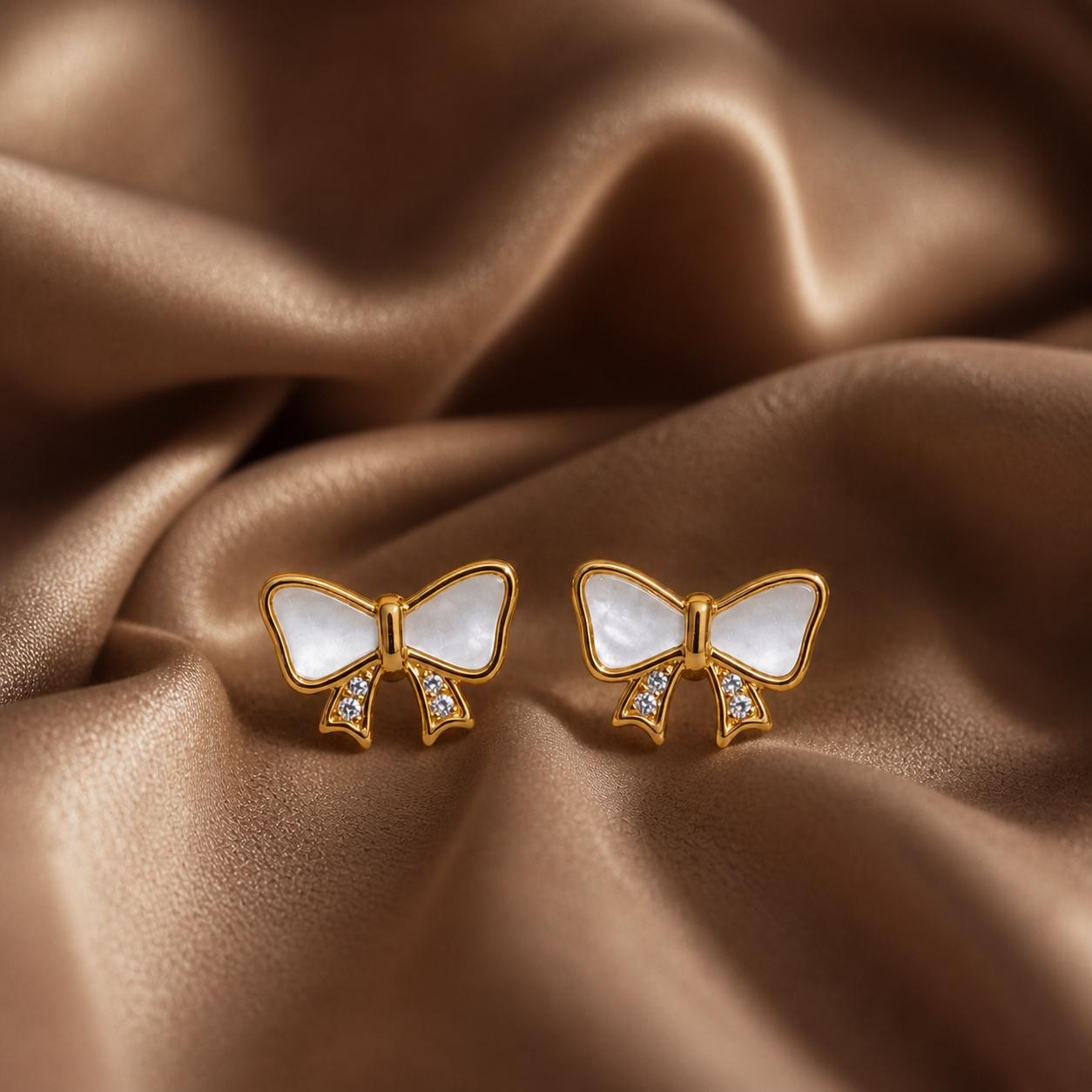 925 Sterling Silver With 22k Gold Plated Mother Of Pearl Bow Radiance Studs - Image 3