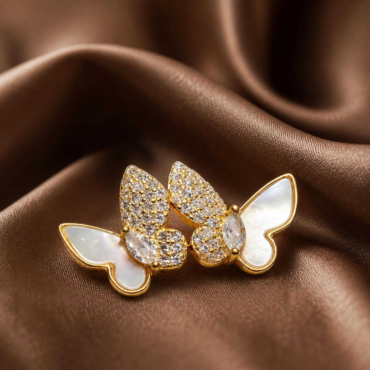 925 Sterling Silver With 22k Gold Plated Dual Wing Butterfly Mother Of Pearl Stud Earrings - Image 4