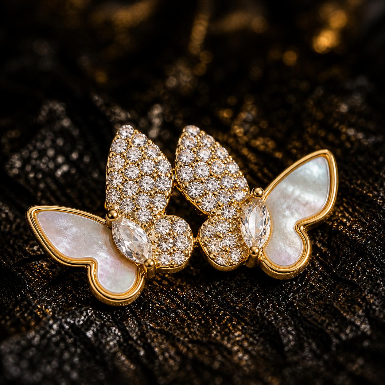 925 Sterling Silver With 22k Gold Plated Dual Wing Butterfly Mother Of Pearl Stud Earrings - Image 3