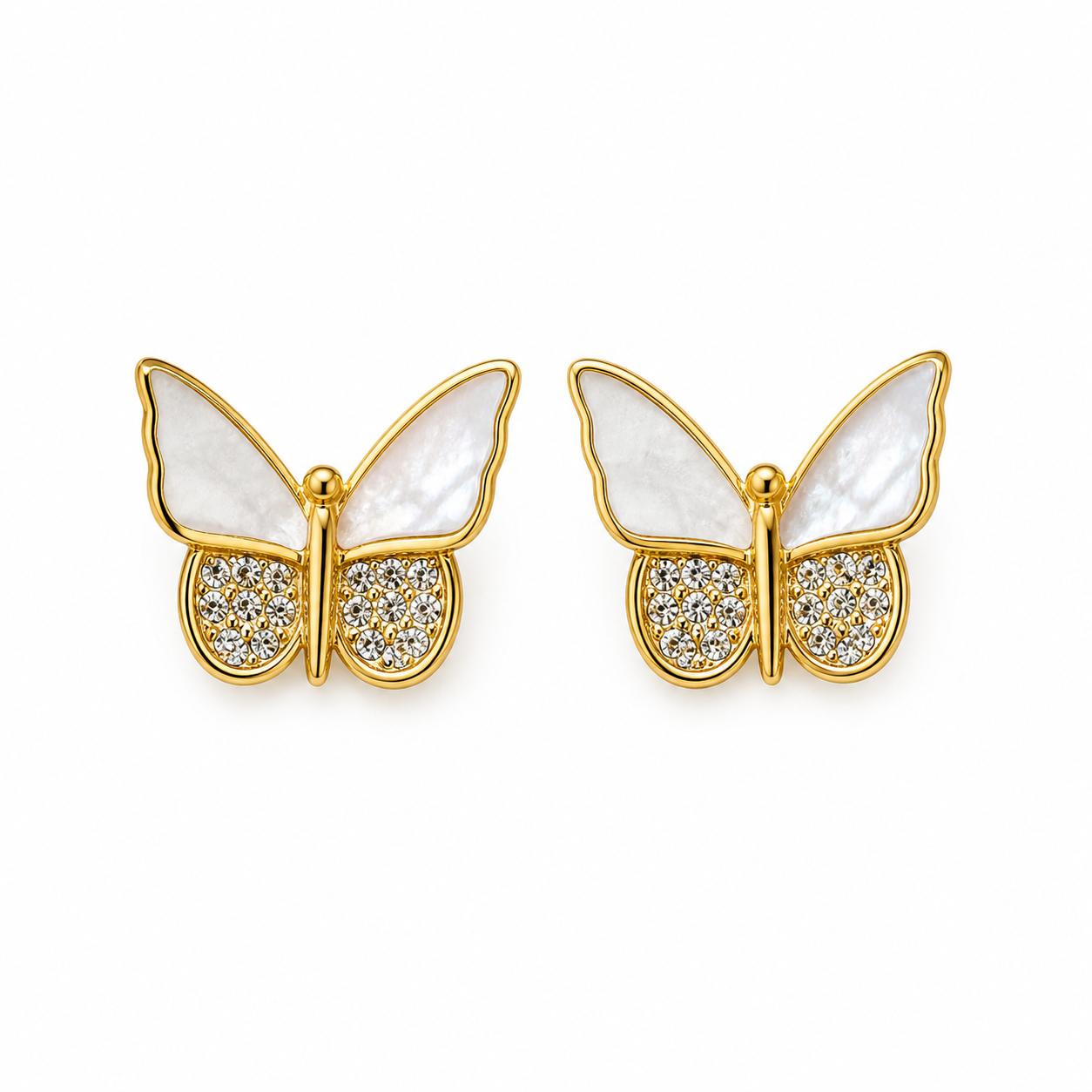 925 Sterling Silver With 22k Gold Plated Butterfly Mother Of Pearl Stud Earrings