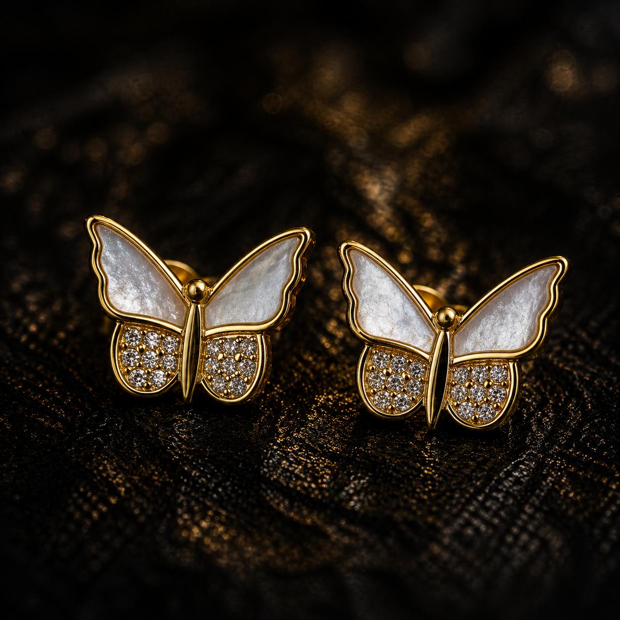 925 Sterling Silver With 22k Gold Plated Butterfly Mother Of Pearl Stud Earrings - Image 4