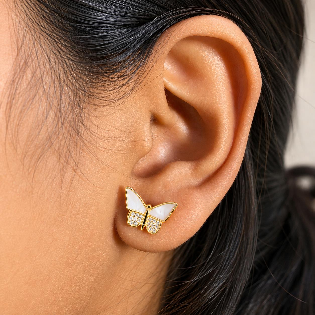 925 Sterling Silver With 22k Gold Plated Butterfly Mother Of Pearl Stud Earrings - Image 3