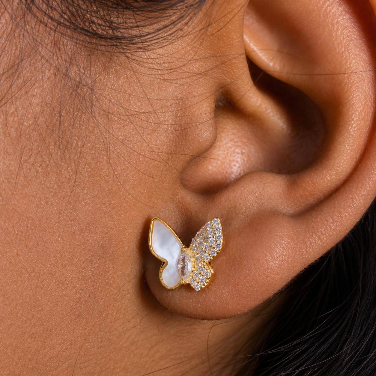 925 Sterling Silver With 22k Gold Plated Dual Wing Butterfly Mother Of Pearl Stud Earrings