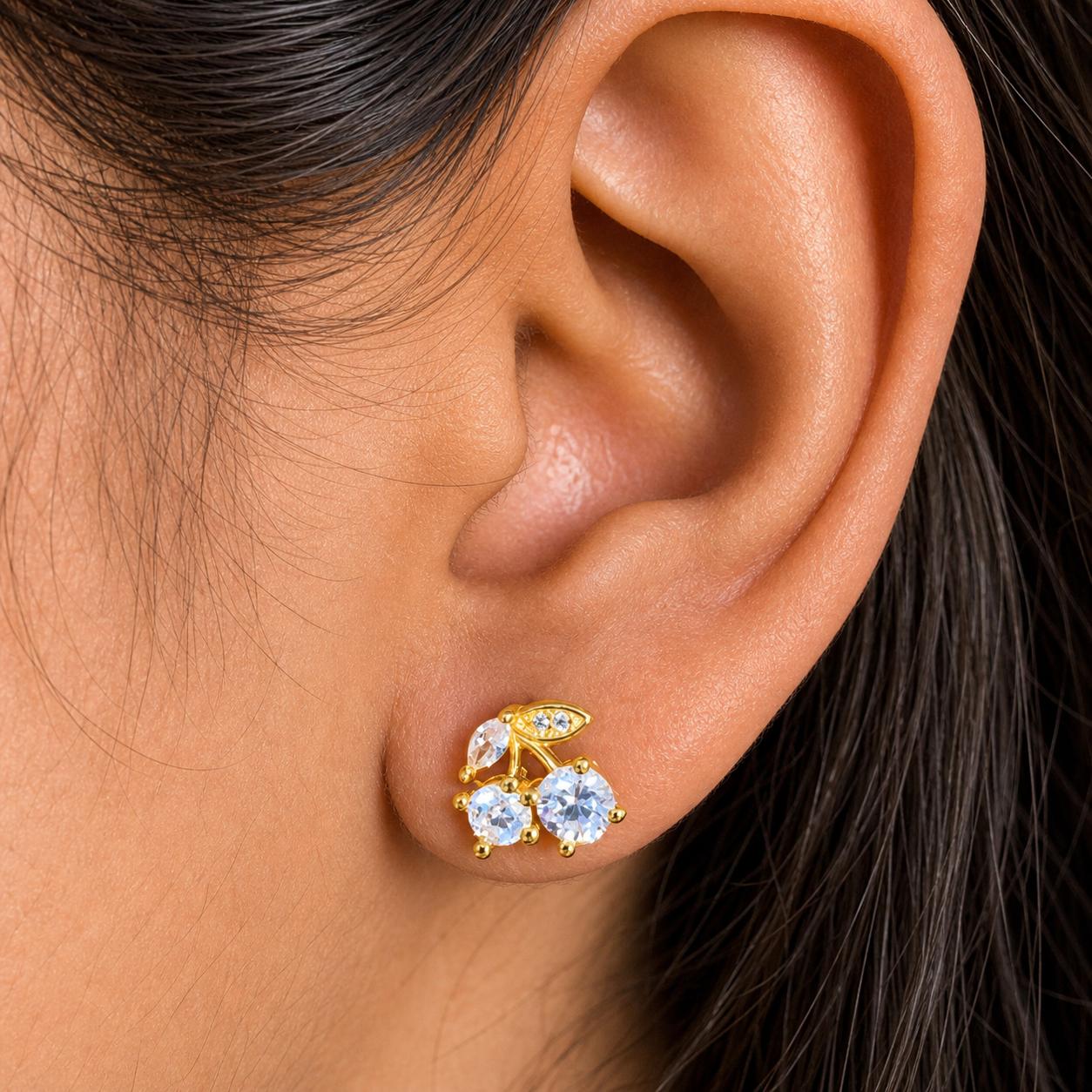 925 Sterling Silver With 22k Gold Plated Cherry Luxe Sparkle Stud Earrings