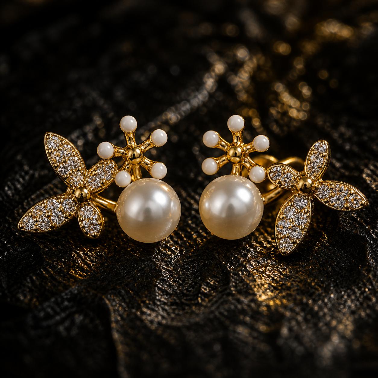 925 Sterling Silver With 22k Gold Plated Floral Pearl Stud Earrings - Image 4