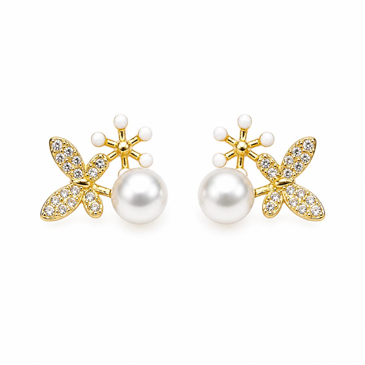 925 Sterling Silver With 22k Gold Plated Floral Pearl Stud Earrings