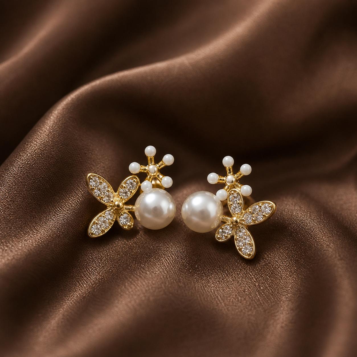 925 Sterling Silver With 22k Gold Plated Floral Pearl Stud Earrings - Image 3