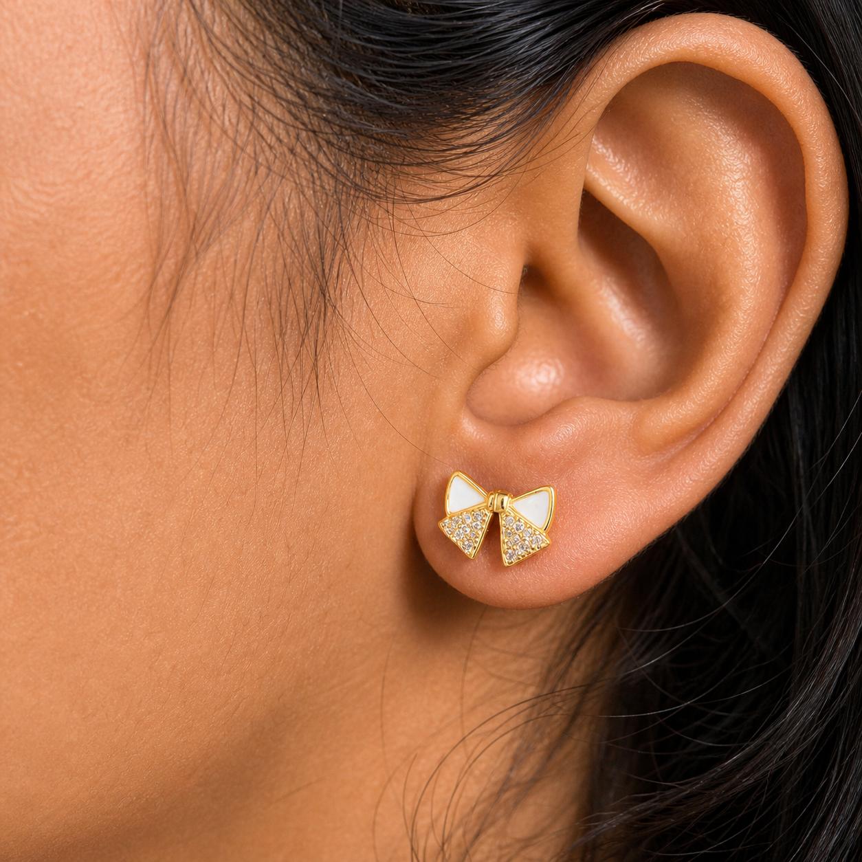 925 Sterling Silver With 22k Gold Plated Elegant Gold Bow Stud Earrings With Crystal Detailing