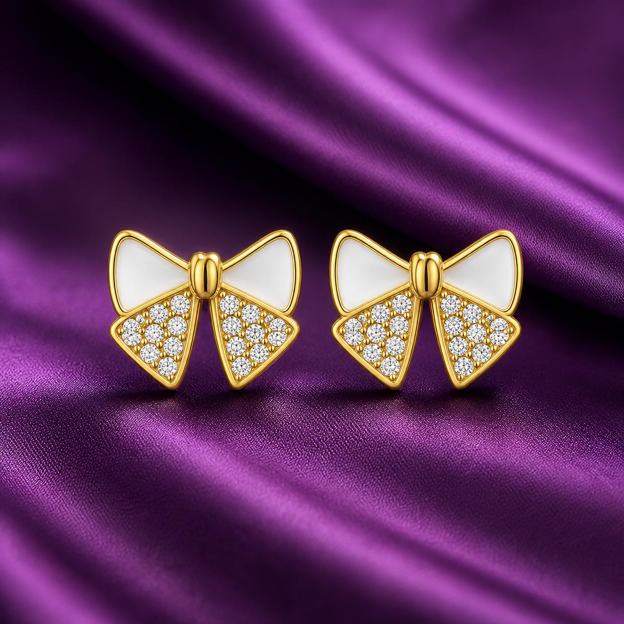 925 Sterling Silver With 22k Gold Plated Elegant Gold Bow Stud Earrings With Crystal Detailing - Image 3