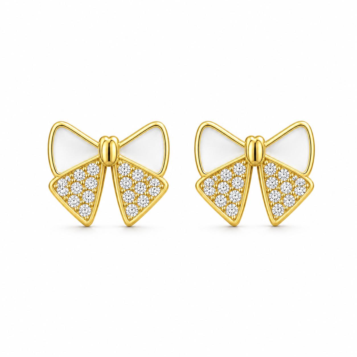 925 Sterling Silver With 22k Gold Plated Elegant Gold Bow Stud Earrings With Crystal Detailing