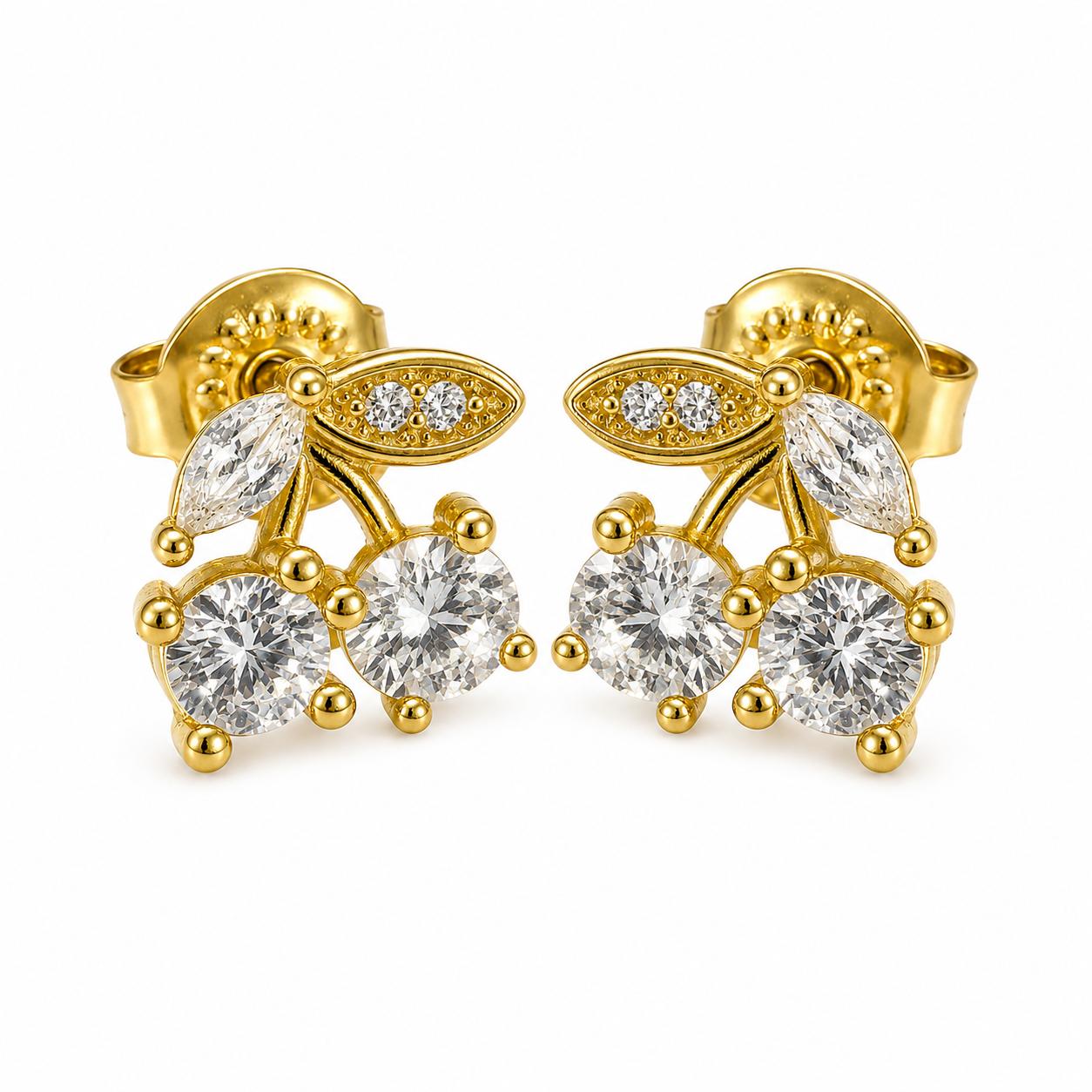 925 Sterling Silver With 22k Gold Plated Cherry Luxe Sparkle Stud Earrings - Image 3