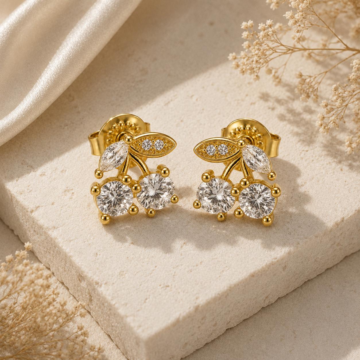 925 Sterling Silver With 22k Gold Plated Cherry Luxe Sparkle Stud Earrings