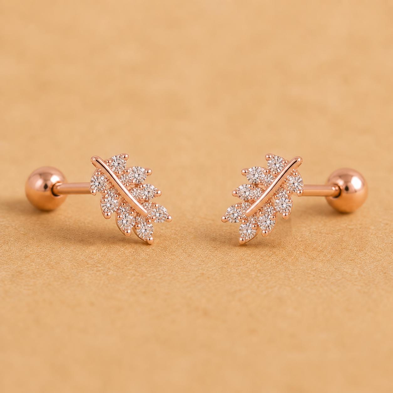 Rose Gold Finish Crystal Leaf Stud Bugadi With 925 Sterling Silver