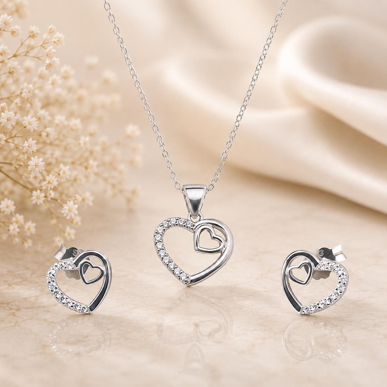 925 Sterling Silver Twin Heart Spark Pendant Set