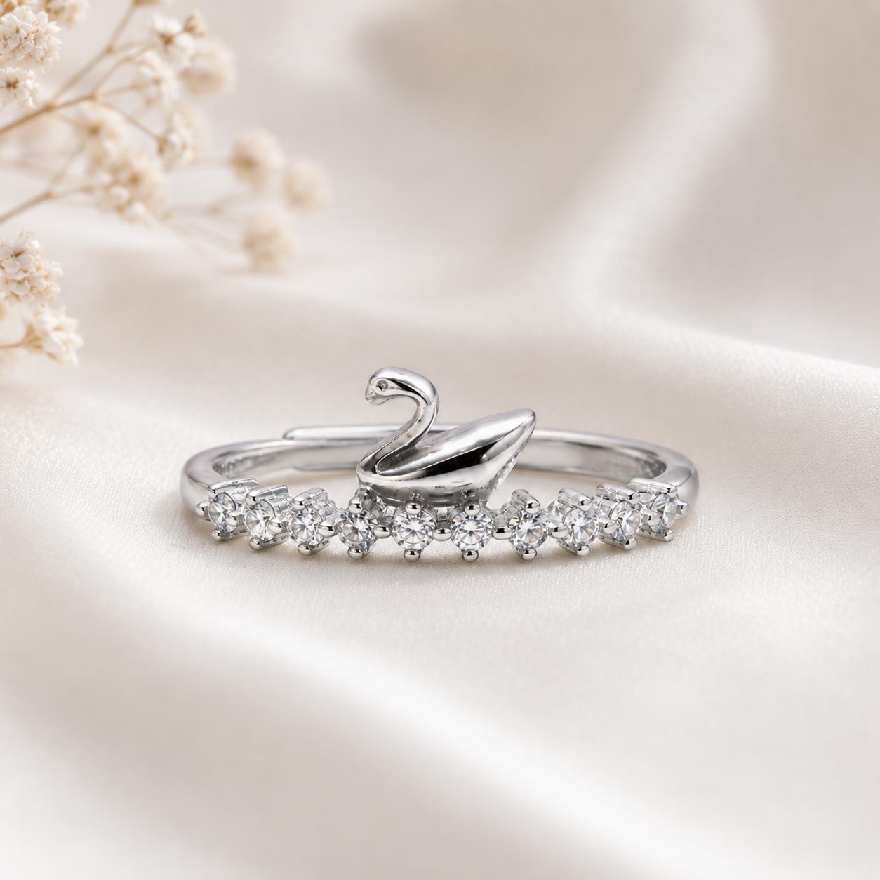 925 Sterling Silver Swan Crystal Adjustable Ring