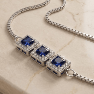 925 Sterling Silver Blue Cushion Cut Square Halo Studs Bracelet - Image 3