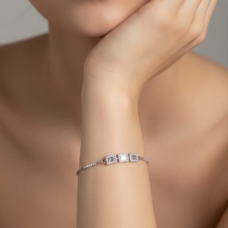 925 Sterling Silver Cushion Cut Square Halo Studs Bracelet - Image 3