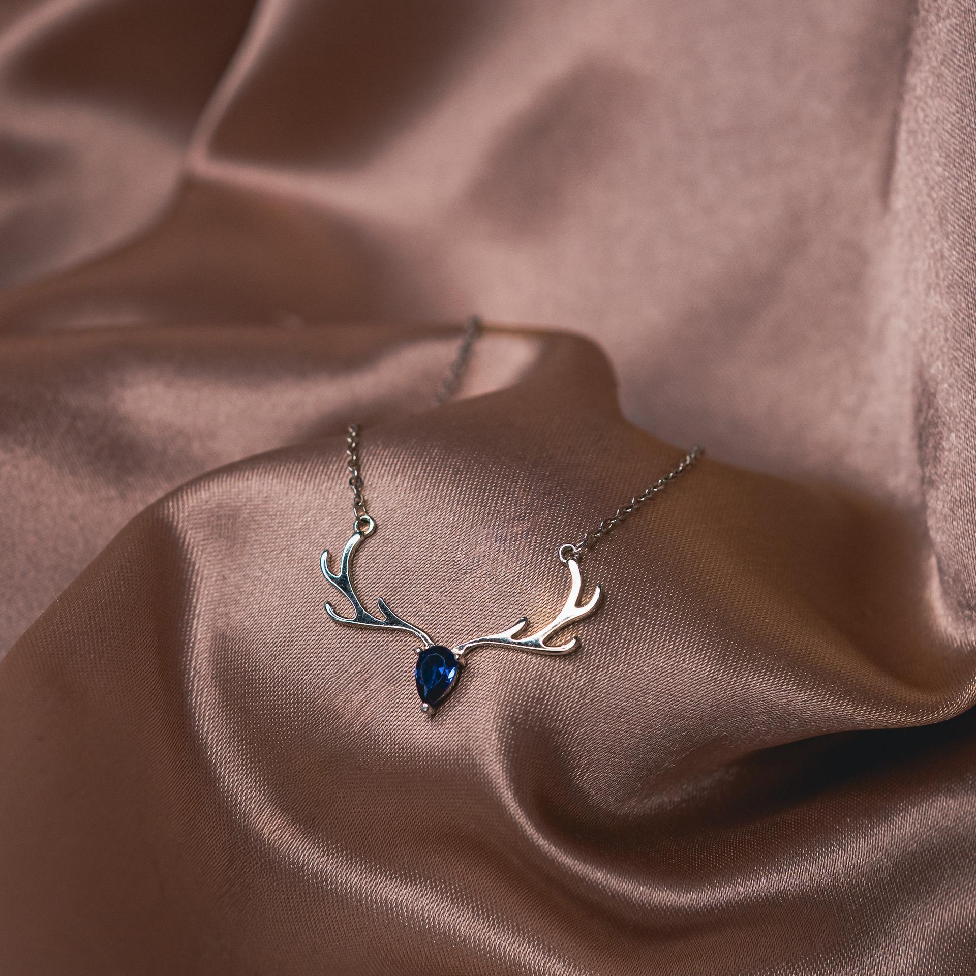925 Sterling Silver Majestic Deer Antler Blue Stone Jewellery Necklace With Chain