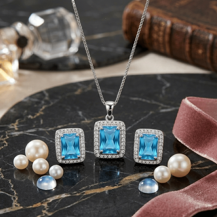 925 Sterling Silver Blue Stone Necklace Set - Image 3