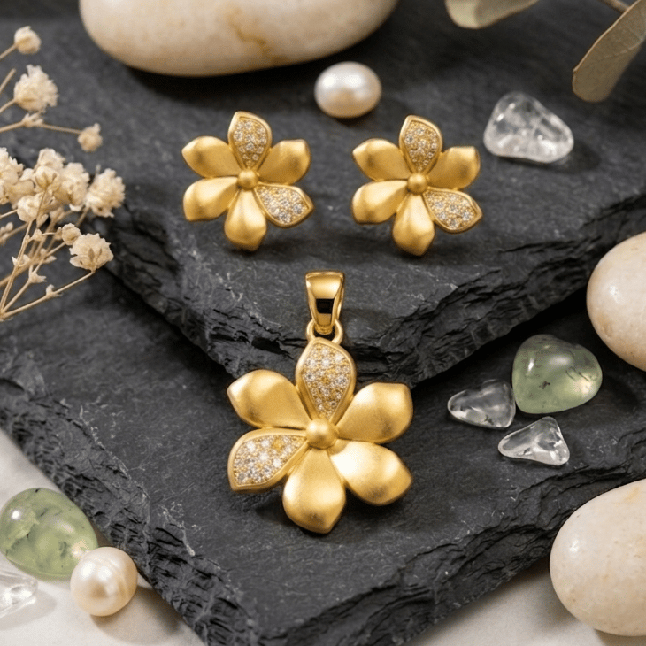 925 Sterling Silver With 22k Gold Plated Aurora Bloom Jewellery Set - Image 2