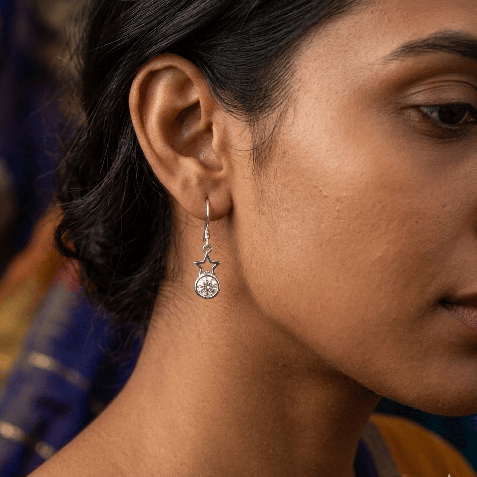925 Sterling Silver Star & Circle Crystal Jewellery Earrings