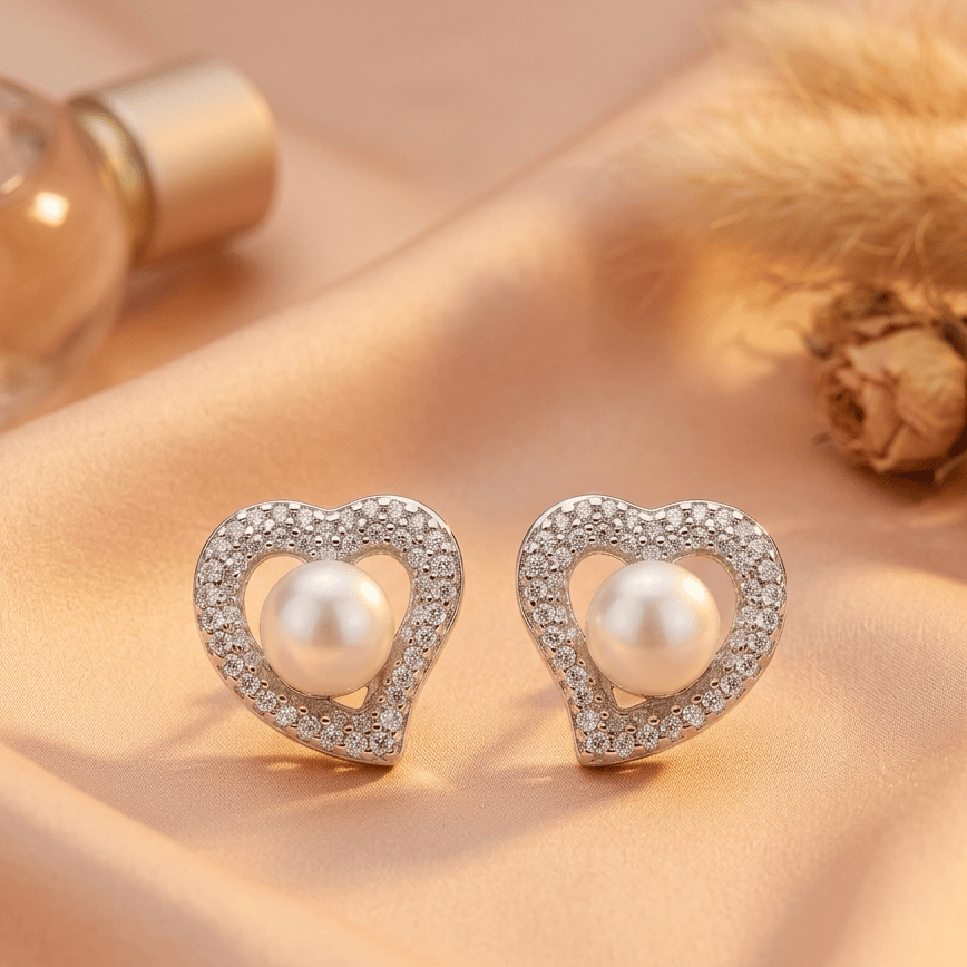 Heart Pearl Halo Stud Earrings