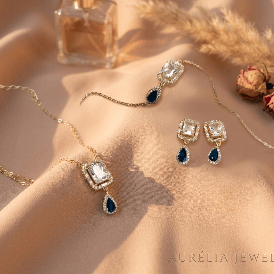 925 Sterling Silver With 22k Gold Plated Royal Sapphire Halo Drop Jewellery Set - Image 2