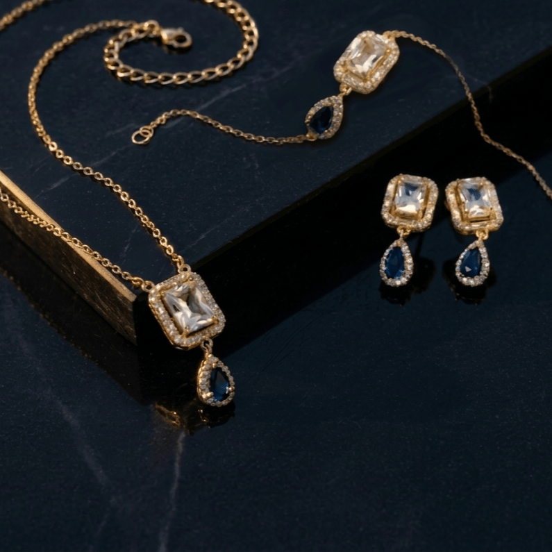 925 Sterling Silver With 22k Gold Plated Royal Sapphire Halo Drop Jewellery Set - Image 4