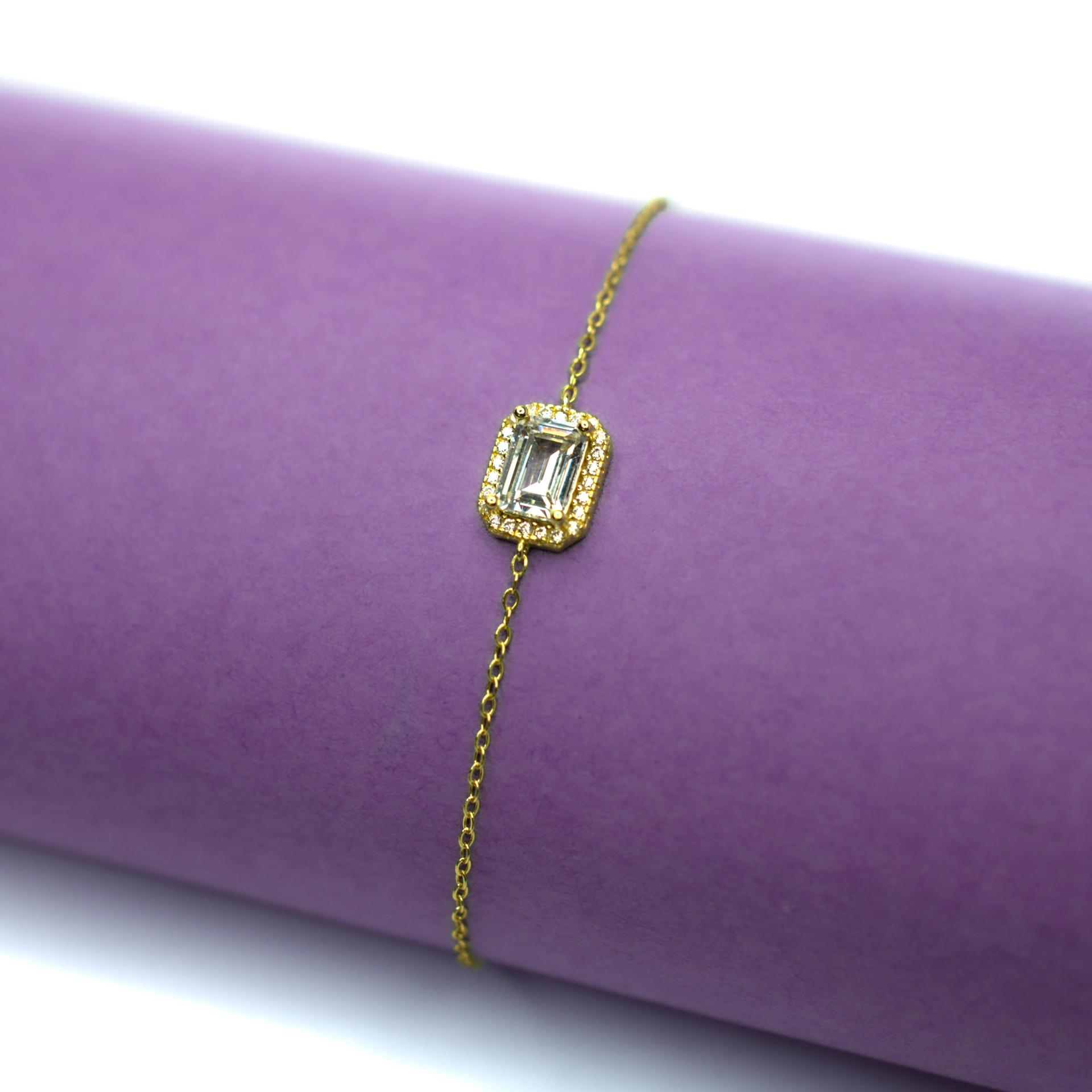925 Sterling Silver With 22k Gold Plated Emerald Cut Halo Bracelet