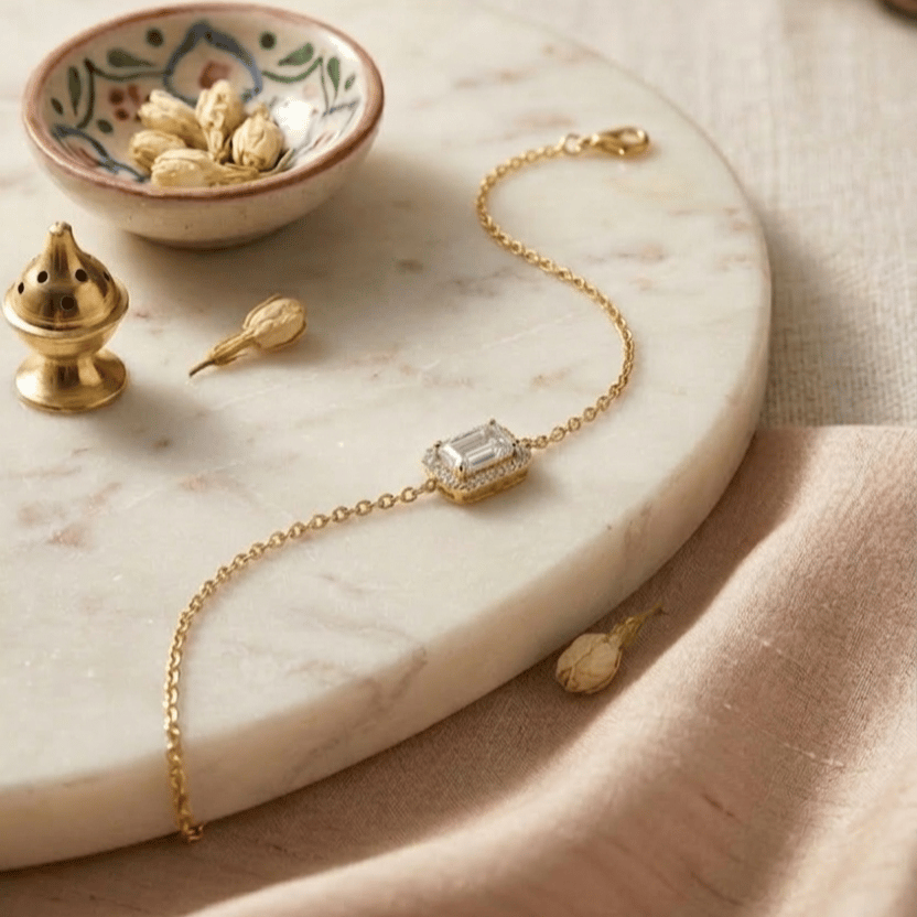 925 Sterling Silver With 22k Gold Plated Emerald Cut Halo Bracelet - Image 3