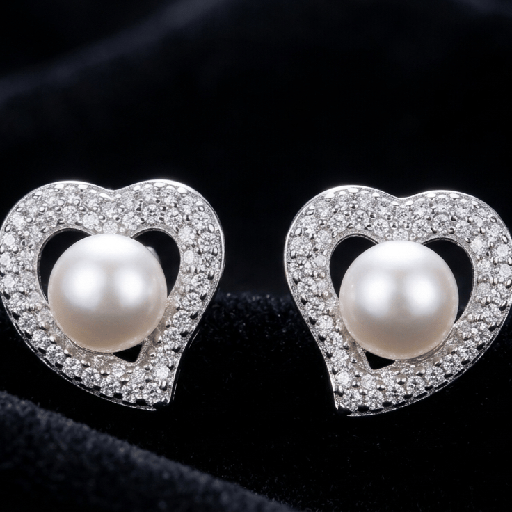 Heart Pearl Halo Stud Earrings - Image 3