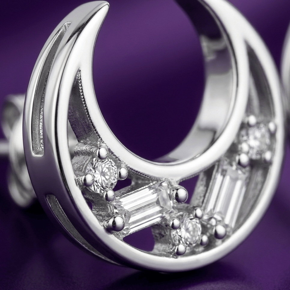 925 Sterling Silver Finish Crystal Moon Stud Earring - Image 4