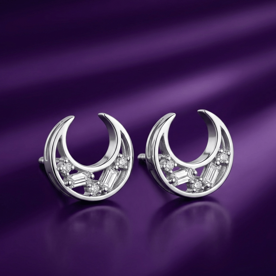 925 Sterling Silver Finish Crystal Moon Stud Earring