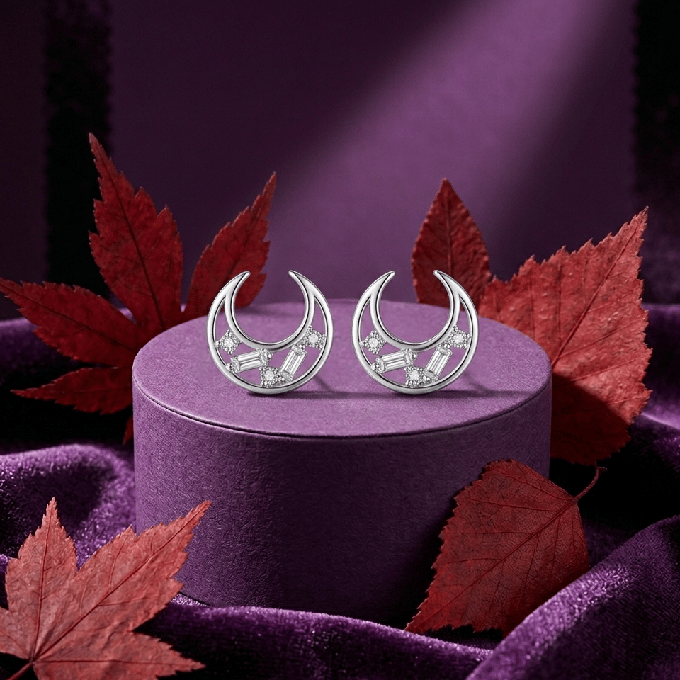 925 Sterling Silver Finish Crystal Moon Stud Earring