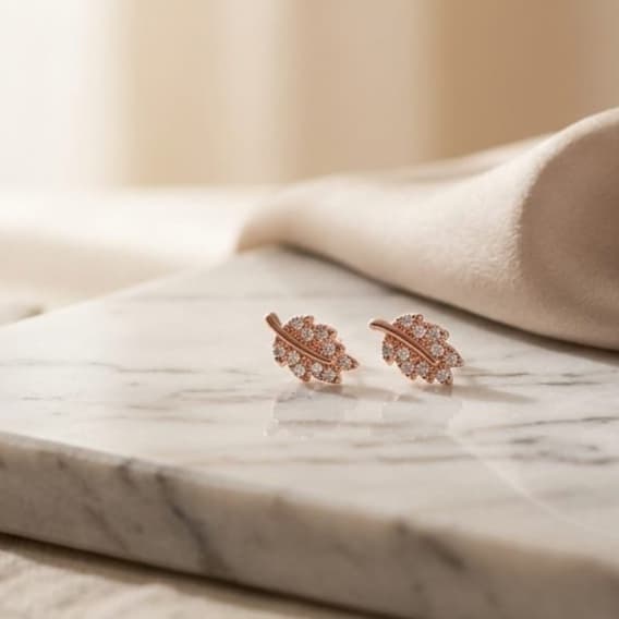 Rose Gold Finish Crystal Leaf Stud Bugadi With 925 Sterling Silver - Image 3