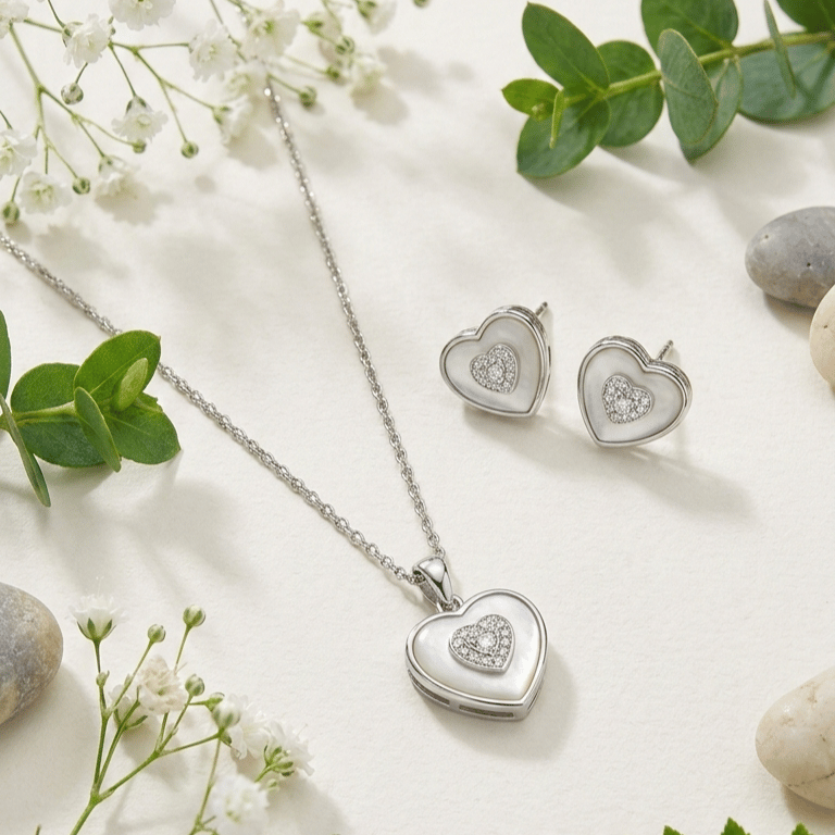 925 Sterling Silver Heart In Heart Zircon Pendant & Earrings Jewellery Set For Women